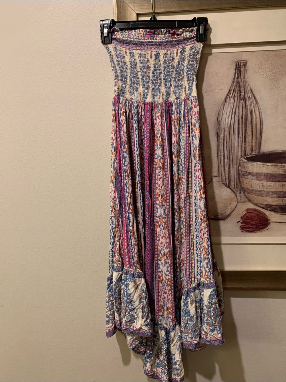 Angie Multicolor Smocked Maxi Dress in Blue, Pink, Cream-beautiful bohemian. - Picture 2 of 9